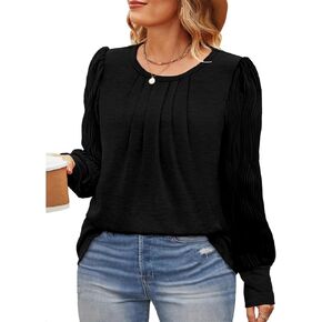 Eytino Womens Plus Size Tops Pleated Crew Neck Puff Long Sleeve Blouse Casual Loose Tunic Shirts(1X-5X)