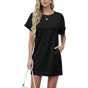 GRECERELLE Women's Summer Short Sleeve Tee Shirt Dress Crew Neck Casual Mini Sundress with Pockets