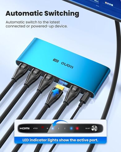 محول llano HDMI 2.1، محول HDMI 4K@120 هرتز 8K@60 هرتز مع جهاز تحكم عن بعد بالأشعة تحت الحمراء، محدد محول 4 في 1 يدعم CEC، HDCP2.3، 3D، HDR10+ VRR ALLM لأجهزة PS5 وXbox (رمادي) in Saudi Arabia