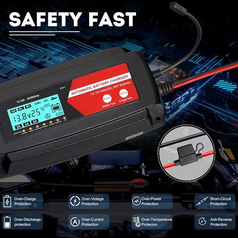 TPE Fully Automatic Smart Charger, 3 in 1 Car Battery Charger Battery Charger and Maintainer 12V 2/4/8 Amp Battery Charger Battery Desulfator with LCD Display for AGM, GEL and Wet Batteries in Kuwait