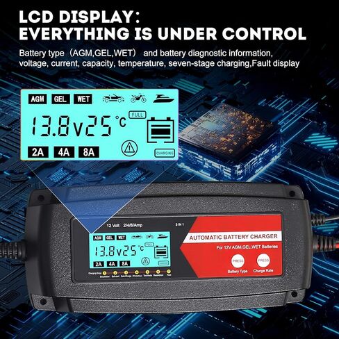 TPE Fully Automatic Smart Charger, 3 in 1 Car Battery Charger Battery Charger and Maintainer 12V 2/4/8 Amp Battery Charger Battery Desulfator with LCD Display for AGM, GEL and Wet Batteries in Kuwait