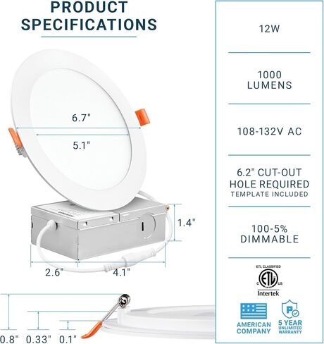 PARMIDA (16 Pack) 6 Inch Dimmable 5CCT Ultra-Thin LED Recessed Ceiling Light with Junction Box, 5 Color Selectable 2700K/3000K/3500K/4000K/5000K, 12W, Canless Wafer Slim Panel Downlight, IC Rated, ETL in Kuwait