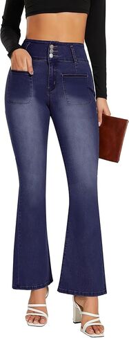 FITTOO Women's Flare Jeans with Front Pockets High Waisted Bell Bottom Jeans Stretchy Wide Leg Denim Pants Trousers in Saudi Arabia