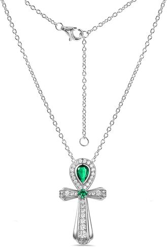 FWM Moissanite Green Emerald Sparkly Pendant Necklace for Women, Ankh Cross/Flower/Round Cross/Square Vintage Design, Solid 925 Sterling Silver, Present to Wife Girlfriend Mom Daughter in Saudi Arabia