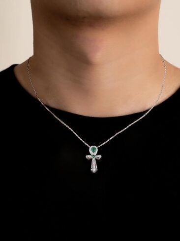 FWM Moissanite Green Emerald Sparkly Pendant Necklace for Women, Ankh Cross/Flower/Round Cross/Square Vintage Design, Solid 925 Sterling Silver, Present to Wife Girlfriend Mom Daughter in Saudi Arabia