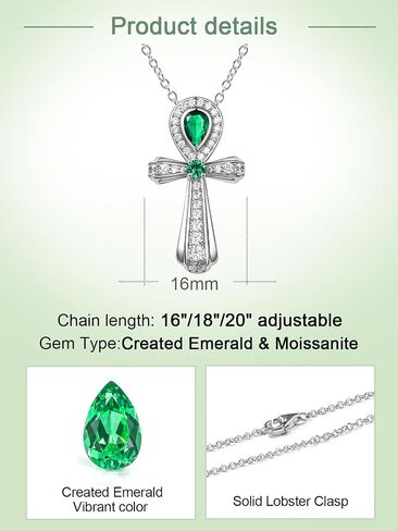 FWM Moissanite Green Emerald Sparkly Pendant Necklace for Women, Ankh Cross/Flower/Round Cross/Square Vintage Design, Solid 925 Sterling Silver, Present to Wife Girlfriend Mom Daughter in Saudi Arabia