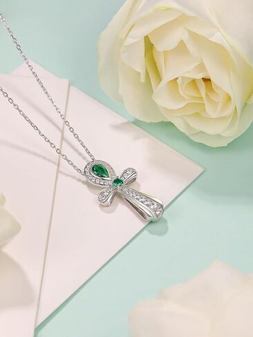 FWM Moissanite Green Emerald Sparkly Pendant Necklace for Women, Ankh Cross/Flower/Round Cross/Square Vintage Design, Solid 925 Sterling Silver, Present to Wife Girlfriend Mom Daughter in Saudi Arabia