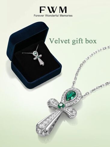 FWM Moissanite Green Emerald Sparkly Pendant Necklace for Women, Ankh Cross/Flower/Round Cross/Square Vintage Design, Solid 925 Sterling Silver, Present to Wife Girlfriend Mom Daughter in Saudi Arabia