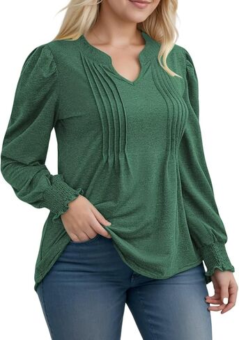 DOLNINE Plus-Size-Tops for Women Notch V Neck Puff Long Sleeve T Shirts Casual Pleated Trendy Smocked Cuffs Tee Tunics XL-5XL in Kuwait