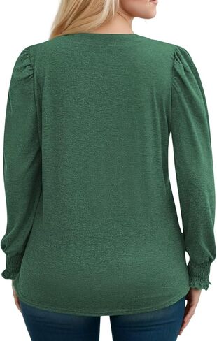 DOLNINE Plus-Size-Tops for Women Notch V Neck Puff Long Sleeve T Shirts Casual Pleated Trendy Smocked Cuffs Tee Tunics XL-5XL in Kuwait