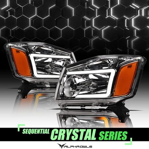 Alpha Owls 8711866 Crystal Headlights With Switchback Sequential LED Light Bar & Startup Light - Chrome Amber Fits 2004-2015 Nissan Titan / 2004 2005-2007 Armada in Saudi Arabia