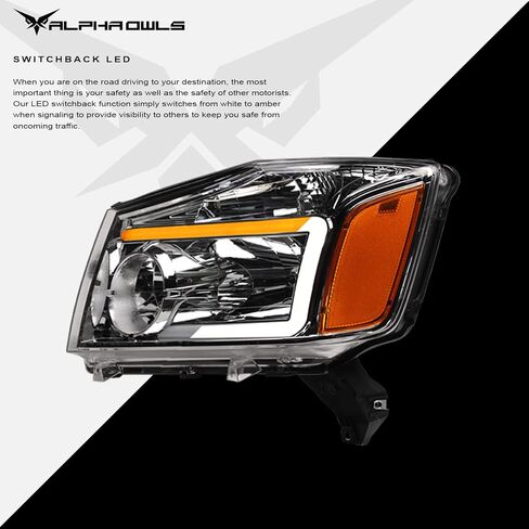 Alpha Owls 8711866 Crystal Headlights With Switchback Sequential LED Light Bar & Startup Light - Chrome Amber Fits 2004-2015 Nissan Titan / 2004 2005-2007 Armada in Saudi Arabia