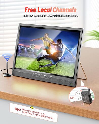 تلفزيون ديسوبري 18 بوصة محمول مع هوائي، تلفزيون صغير مع مدخل HDMI 1080P، مدخل AV، منفذ USB، حامل مدمج، تلفزيون محمول صغير للمطبخ وغرفة النوم والتخييم RV، جهاز تحكم عن بعد، لا بطارية ولا واي فاي in Kuwait