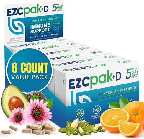 EZC Pak معزز نظام المناعة لمدة 5 أيام مع إشنسا وفيتامين ج والزنك وفيتامين د - مكمل دعم المناعة المدبب للبالغين - يدعم المناعة، حزمة مكملات سهلة بحجم السفر - (عبوة من 6 قطع) in Kuwait