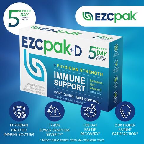 EZC Pak معزز نظام المناعة لمدة 5 أيام مع إشنسا وفيتامين ج والزنك وفيتامين د - مكمل دعم المناعة المدبب للبالغين - يدعم المناعة، حزمة مكملات سهلة بحجم السفر - (عبوة من 6 قطع) in Kuwait