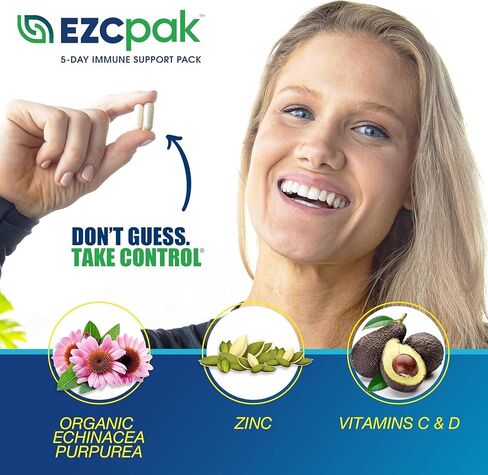 EZC Pak معزز نظام المناعة لمدة 5 أيام مع إشنسا وفيتامين ج والزنك وفيتامين د - مكمل دعم المناعة المدبب للبالغين - يدعم المناعة، حزمة مكملات سهلة بحجم السفر - (عبوة من 6 قطع) in Kuwait