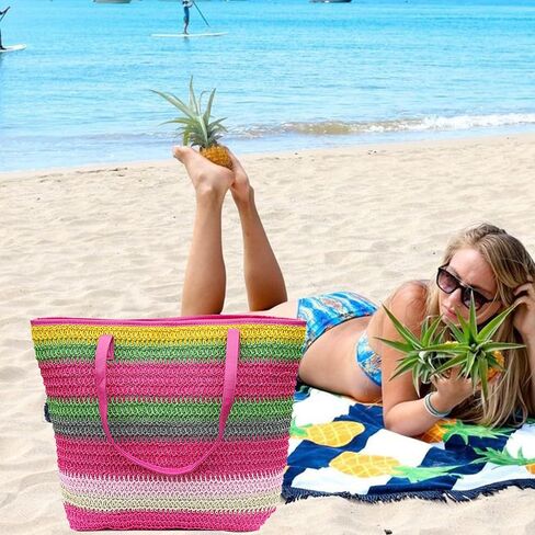 Large Straw Tote Bag for Women Rattan Woven Beach Bag Summer Colored Stripe Shoulder Bags Handbag in Saudi Arabia