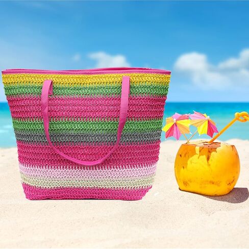 Large Straw Tote Bag for Women Rattan Woven Beach Bag Summer Colored Stripe Shoulder Bags Handbag in Saudi Arabia
