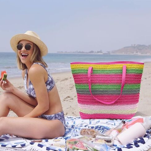 Large Straw Tote Bag for Women Rattan Woven Beach Bag Summer Colored Stripe Shoulder Bags Handbag in Saudi Arabia