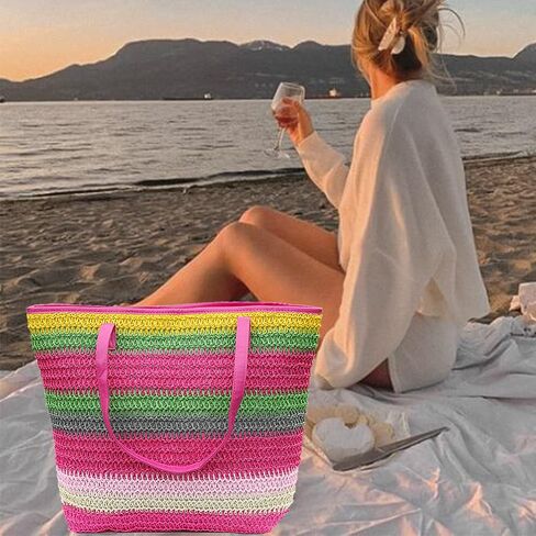 Large Straw Tote Bag for Women Rattan Woven Beach Bag Summer Colored Stripe Shoulder Bags Handbag in Saudi Arabia