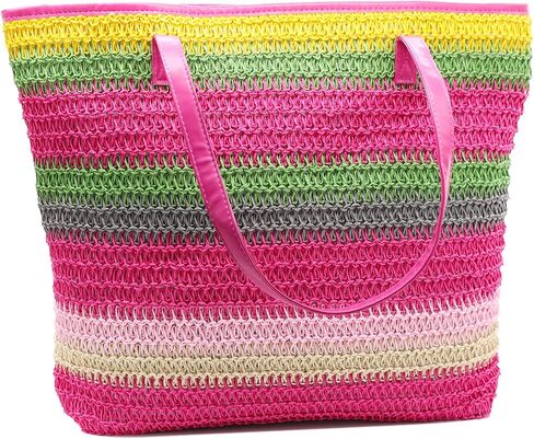 Large Straw Tote Bag for Women Rattan Woven Beach Bag Summer Colored Stripe Shoulder Bags Handbag in Saudi Arabia