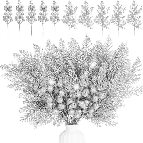 50 Pcs Christmas Tree Decorations Picks, Include 25Pcs Glitter Pine Branch and 25 Pcs Glitter Berries Stems, Fake Floral Twig Ornaments for Christmas Tree Wreath Garland Holiday Decor(Silver) in Saudi Arabia