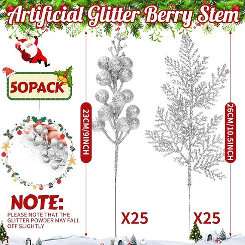 50 Pcs Christmas Tree Decorations Picks, Include 25Pcs Glitter Pine Branch and 25 Pcs Glitter Berries Stems, Fake Floral Twig Ornaments for Christmas Tree Wreath Garland Holiday Decor(Silver) in Saudi Arabia