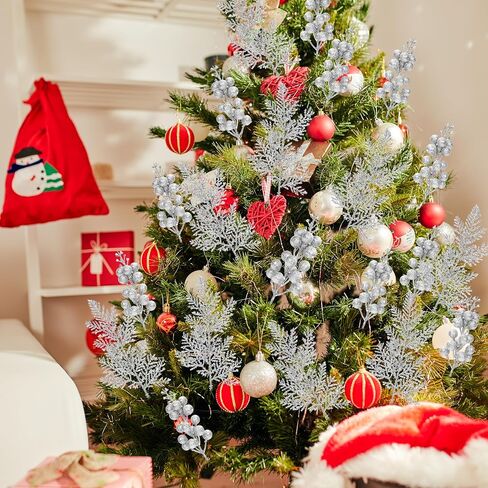50 Pcs Christmas Tree Decorations Picks, Include 25Pcs Glitter Pine Branch and 25 Pcs Glitter Berries Stems, Fake Floral Twig Ornaments for Christmas Tree Wreath Garland Holiday Decor(Silver) in Saudi Arabia