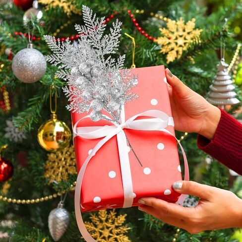 50 Pcs Christmas Tree Decorations Picks, Include 25Pcs Glitter Pine Branch and 25 Pcs Glitter Berries Stems, Fake Floral Twig Ornaments for Christmas Tree Wreath Garland Holiday Decor(Silver) in Saudi Arabia