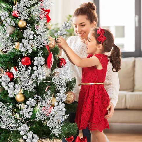 50 Pcs Christmas Tree Decorations Picks, Include 25Pcs Glitter Pine Branch and 25 Pcs Glitter Berries Stems, Fake Floral Twig Ornaments for Christmas Tree Wreath Garland Holiday Decor(Silver) in Saudi Arabia