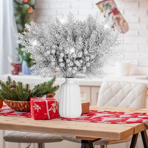 50 Pcs Christmas Tree Decorations Picks, Include 25Pcs Glitter Pine Branch and 25 Pcs Glitter Berries Stems, Fake Floral Twig Ornaments for Christmas Tree Wreath Garland Holiday Decor(Silver) in Saudi Arabia
