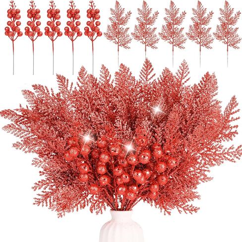 50 Pcs Christmas Tree Decorations Picks, Include 25Pcs Glitter Pine Branch and 25 Pcs Glitter Berries Stems, Fake Floral Twig Ornaments for Christmas Tree Wreath Garland Holiday Decor(Silver) in Saudi Arabia
