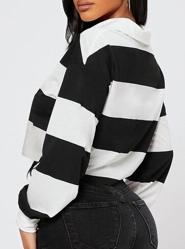Hilinker Womens Striped Cropped Sweatshirt Polo Collar Long Sleeve Top Loose Pullover in Saudi Arabia