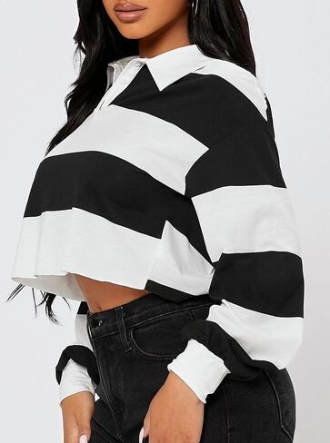 Hilinker Womens Striped Cropped Sweatshirt Polo Collar Long Sleeve Top Loose Pullover in Saudi Arabia