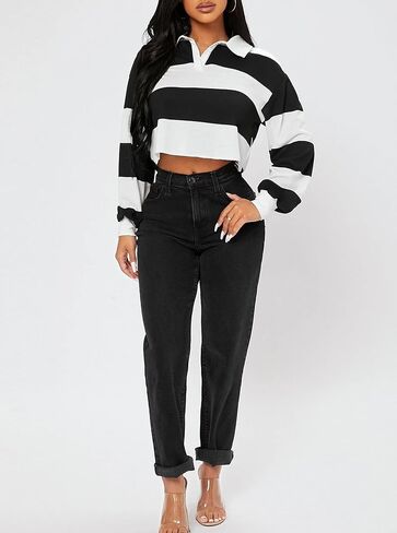 Hilinker Womens Striped Cropped Sweatshirt Polo Collar Long Sleeve Top Loose Pullover in Saudi Arabia