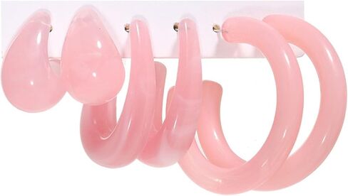 Minimalist Colorful Acrylic Resin 3pairs C Shape Round Circle Hoop Thick Chunky Wide Thin Acetic Acid Drop Dangle Earrings Set Vintage Boho Jewelry for Women in Kuwait