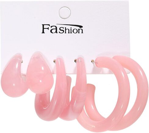 Minimalist Colorful Acrylic Resin 3pairs C Shape Round Circle Hoop Thick Chunky Wide Thin Acetic Acid Drop Dangle Earrings Set Vintage Boho Jewelry for Women in Kuwait