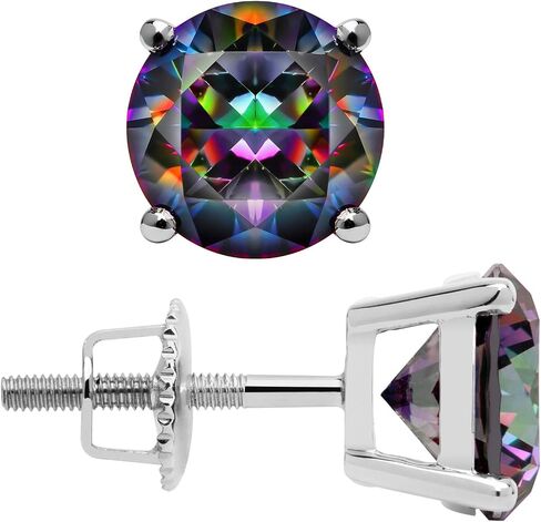 14K Solid White Gold Rainbow Mystic Cubic Zirconia Stud Earrings | 4.0 CTW | Screw Back Posts | With Gift Box in Kuwait
