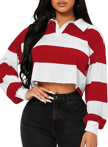 Hilinker Womens Striped Cropped Sweatshirt Polo Collar Long Sleeve Top Loose Pullover in Saudi Arabia