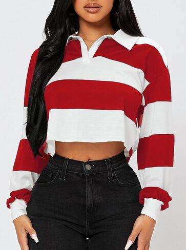Hilinker Womens Striped Cropped Sweatshirt Polo Collar Long Sleeve Top Loose Pullover in Saudi Arabia
