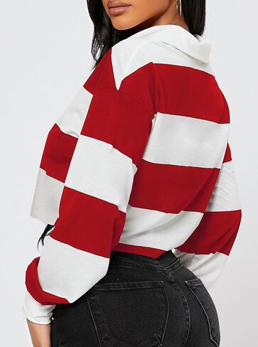 Hilinker Womens Striped Cropped Sweatshirt Polo Collar Long Sleeve Top Loose Pullover in Saudi Arabia