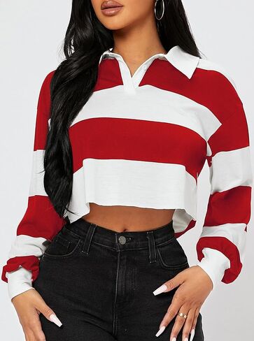 Hilinker Womens Striped Cropped Sweatshirt Polo Collar Long Sleeve Top Loose Pullover in Saudi Arabia