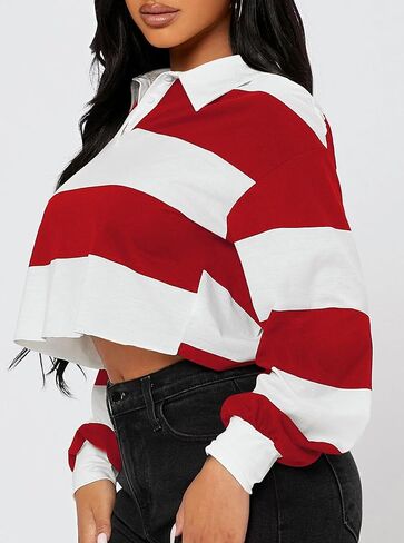 Hilinker Womens Striped Cropped Sweatshirt Polo Collar Long Sleeve Top Loose Pullover in Saudi Arabia