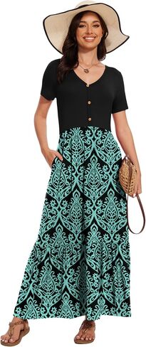 VIISHOW Women's Short Sleeve Maxi Dress 2025 Summer V Neck Knit Loose Plain Empire Waist Casual Dresses with Pockets in Saudi Arabia
