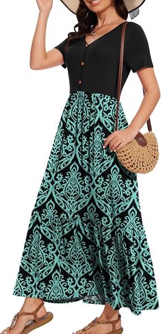VIISHOW Women's Short Sleeve Maxi Dress 2025 Summer V Neck Knit Loose Plain Empire Waist Casual Dresses with Pockets in Saudi Arabia