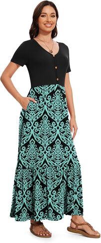 VIISHOW Women's Short Sleeve Maxi Dress 2025 Summer V Neck Knit Loose Plain Empire Waist Casual Dresses with Pockets in Saudi Arabia
