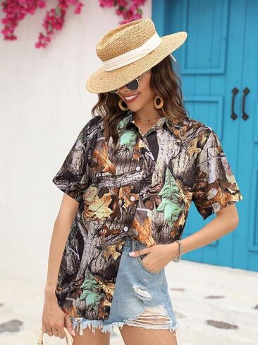 Camo Hawaiian Shirt Women Casual V Neck Maple Leaf Print Clothes Short Sleeve Fall Holiday Vacation Button Up Tops in Saudi Arabia