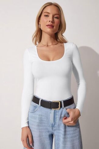 SANDERY Summer Women's Scoop Neck Short Sleeve Shirts Ribbed Slim Fitted Casual Basic Top Blouses in Kuwait