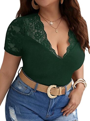 OYOANGLE Women's Plus Size Summer Short Sleeve Ribbed Blouses Lace Scallop V Neck Slim Fit Tops in Saudi Arabia