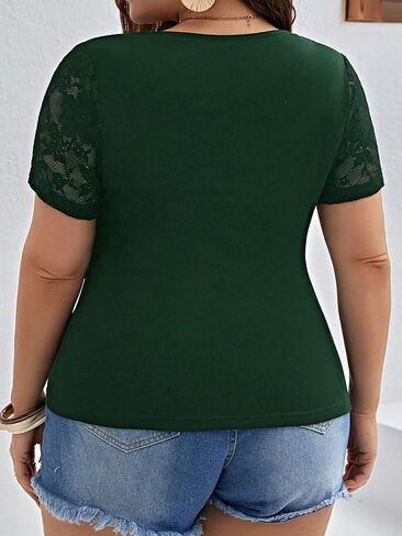 OYOANGLE Women's Plus Size Summer Short Sleeve Ribbed Blouses Lace Scallop V Neck Slim Fit Tops in Saudi Arabia